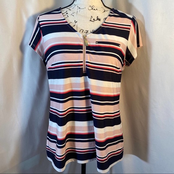 Roz & Ali Woman's Scooped Neck Half Zip Shirt Sleeve Striped Blouse Sz M - Picture 1 of 9